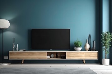 modern living room with a large television on a sleek stand. Generative AI