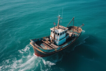 Obraz premium Small sail fishing boat on the sea or oncean viewed from above drone photography shot. Aerial fishing ship view. Ai generated