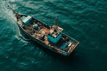 Small sail fishing boat on the sea or oncean viewed from above drone photography shot. Aerial fishing ship view. Ai generated