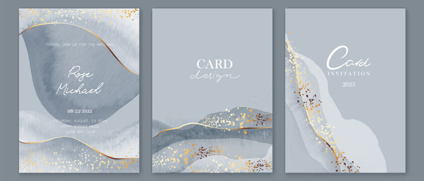 Elegant marble, stone texture set. Watercolor, ink vector background collection with white, grey, blue for cover, invitation template, wedding card, menu design.