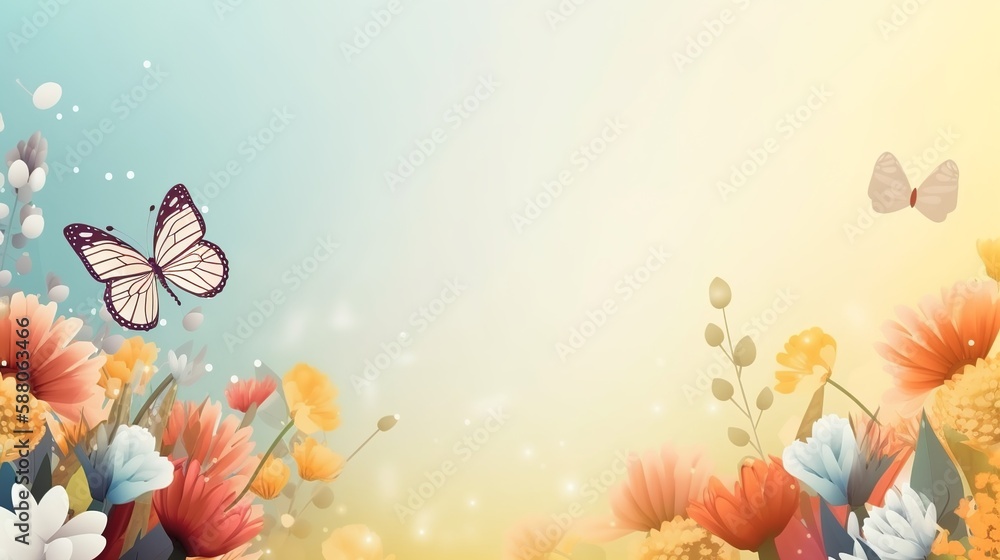 Poster spring themed background illustration with empty copy space, generative ai