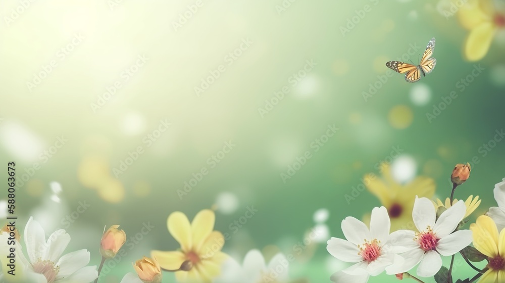 Poster spring themed background illustration with empty copy space, generative ai