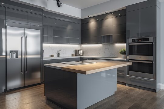 contemporary kitchen with stainless steel appliances and wooden floors. Generative AI