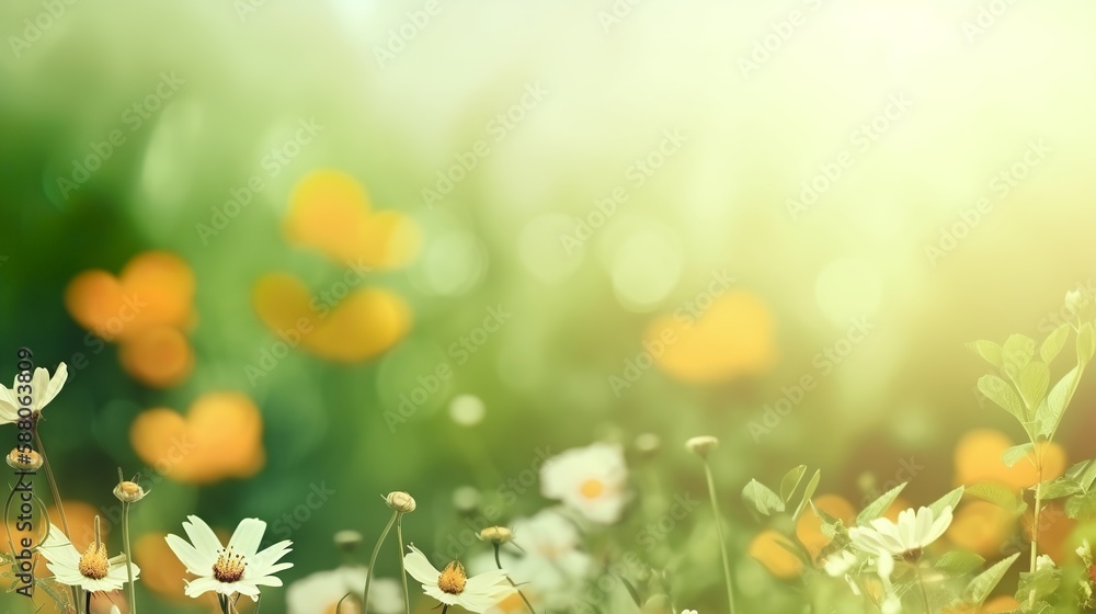 Poster spring themed background illustration with empty copy space, generative ai