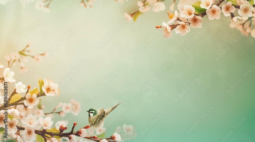 Poster spring themed background illustration with empty copy space, generative ai