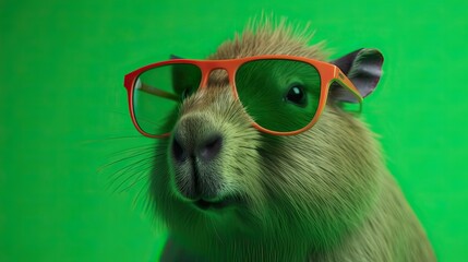 Single capybara with sunglasses on bright green background the head looking stylish and cool. Generative Ai.