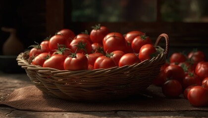 Fototapeta na wymiar A basket of tomatoes on a rustic table of tomatoes field background. Generative AI