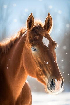 horse in winter, closeup photo of a horse in the snow