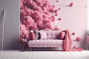 cozy living room with a pink accent wall and comfortable couch. Generative AI