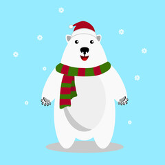 Polar Bear Cartoon Character. A Cute Polar Bear Wearing Scarf and Santa Claus hat Vector illustration for Merry Christmas and Happy New Year