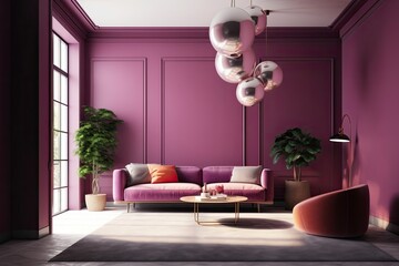 cozy living room with purple walls and furniture. Generative AI
