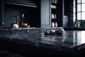 Empty black marble table and blurred white kitchen black wall. Black marble table top on blur kitchen for product display mockup. Generative AI