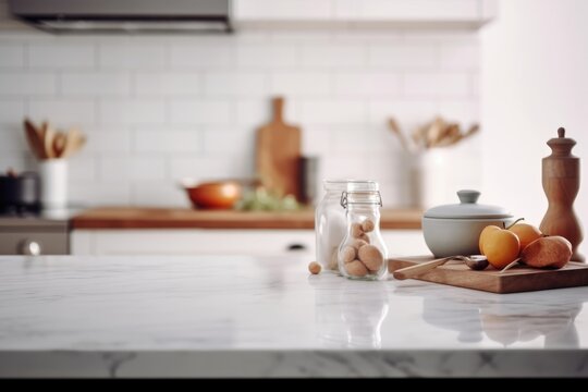 Empty marble table and blurred white kitchen white wall. Wood table top on blur kitchen for product display mockup. Generative AI