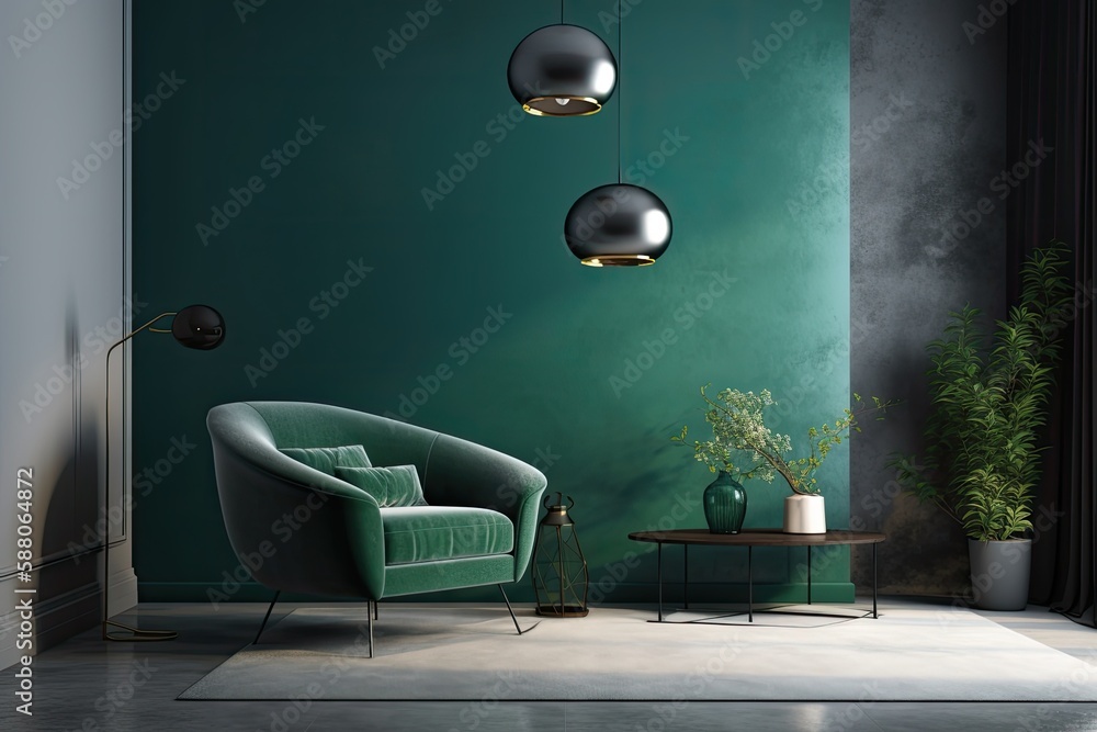 Poster cozy living room with green walls and a comfortable green chair. Generative AI