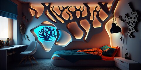 Elegant and modern bedroom with abstract background. Generative AI