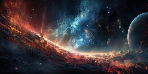 Obraz premium Space background with nebula and fictional planets. Generative AI