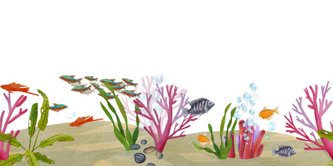 Seamless banner of the ocean floor with exotic fish and plants. Watercolor illustration of the underwater world. Coral reef. The island collection. Suitable for wallpaper, packaging. the background.