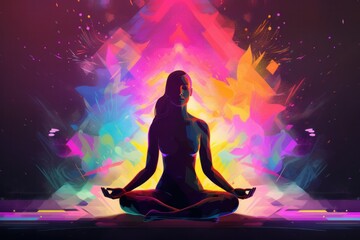 Young woman meditating in lotus pose. Colorful abstract background, Generative Ai