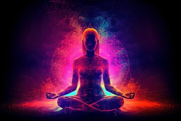 Young woman meditating in lotus pose with colourful lights in background, Silhouette, Generative Ai