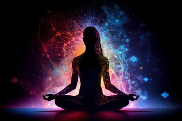 Woman meditating in lotus position on dark background with glowing lines, Generative Ai