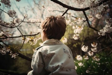 Back view of a boy standing in front of a blooming cherry tree in the spring, Generative Ai