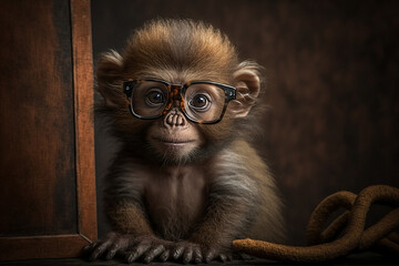 Cute little brown monkey with glasses in front of studio background. Generative AI