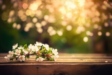 Spring blossom background with bokeh lights and wooden table, Generative Ai