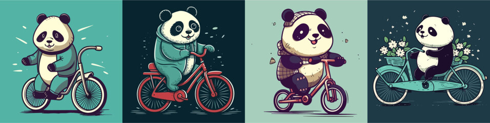 Flat color vector of happy panda riding bicycle set collection