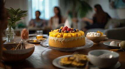 A delicious mango cake on a plate on wooden table with people in background