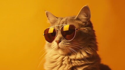 funny studio shot of cool cat wearing sunglasses on yellow background with copy space. Generative Ai.