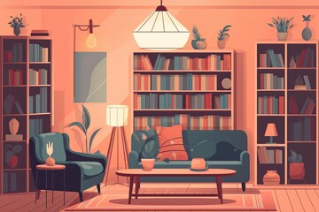 cozy living room with a bookshelf and various pieces of furniture. Generative AI