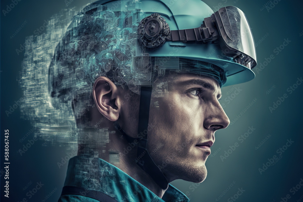 Poster electrical engineering concept design. electrician or engineer wear hardhat with double exposure eff