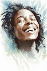 Natural beauty happy and smiling middle aged African American woman, splashes of water, refreshing feeeling, watercolor illustration (Generative AI) - 588067621