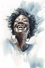 Natural beauty happy and smiling middle aged African American woman, splashes of water, refreshing feeeling, watercolor illustration (Generative AI) - 588067673