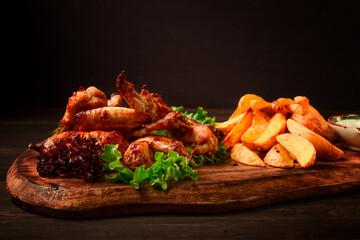 Fried chicken wings, with potatoes, and spices, homemade, fast food, no people,