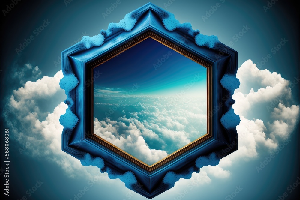 Poster frame made with white cloud in the sky in hexagon shape. concept of fantasy luxurious window. finest