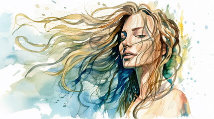 Natural beauty relaxed young blonde caucasian woman with long hair with splashes of water, enjoying ocean breeze, watercolor illustration (Generative AI) - 588068025