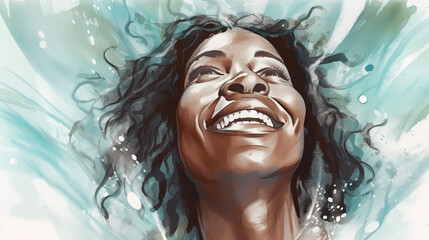 Natural beauty happy and smiling middle aged African American woman, splashes of water, refreshing feeeling, watercolor illustration (Generative AI) - 588068063