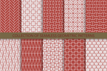 Collection of seamless ornamental vector patterns. Red oriental symmetry backgrounds. Geometric tile mosaic design. Grid textures - decorative outline prints