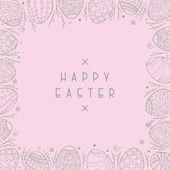 Vector Easter background with hand drawn eggs. Pink decorative festive cover. Beautiful greeting card, postcard, banner, poster, brochure