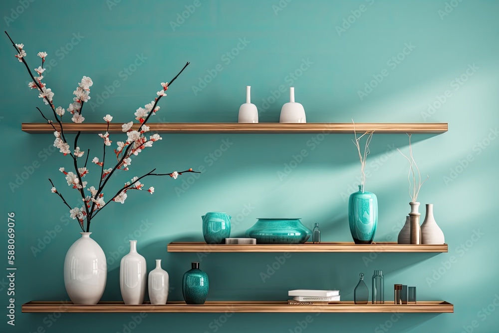 Poster wooden shelf filled with various sized vases and decorative objects. generative ai