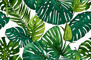 Abstract various monstera green leaves seamless pattern on beige background. Leaf clip texture and pattern. Generative AI.
