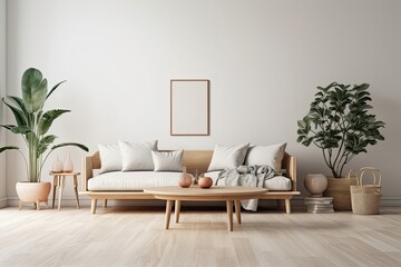 cozy living room with modern furniture and indoor plants. Generative AI