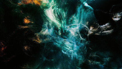 Glitter smoke. Paint water. Underwater splash. Abyss void. Blue golden green color glowing shiny...