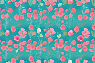 Abstract blue flower and leaves seamless pattern background. Flower and leaf clip illustration texture. Generative AI.