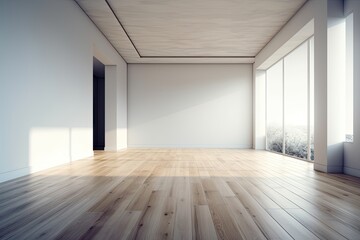 Illustration of an empty room with minimalist design and neutral colors. Generative AI