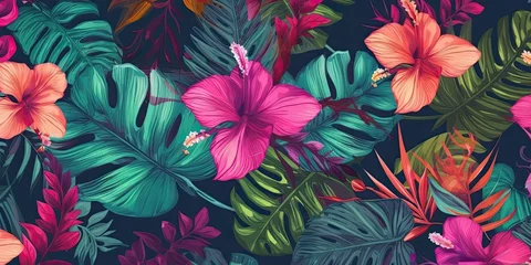 Zelfklevend Fotobehang Colorful Tropical floral background Generative AI art © meredith blaché 