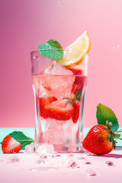 Fresh strawberry limonate with ice and mint on pink background. Summer soda. Generative AI