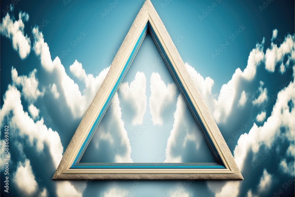 Poster frame made with covered white cloud in the sky in triangle shape. concept of luxurious fantasy windo