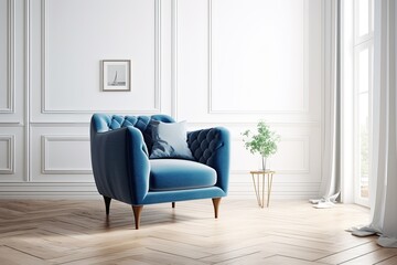 cozy living room with a blue accent chair and a leafy potted plant. Generative AI